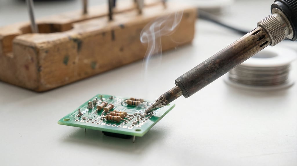 A soldering iron tip touching a circuit board, thin smoke curling up, macro detail on the joint (idbv9hcn)