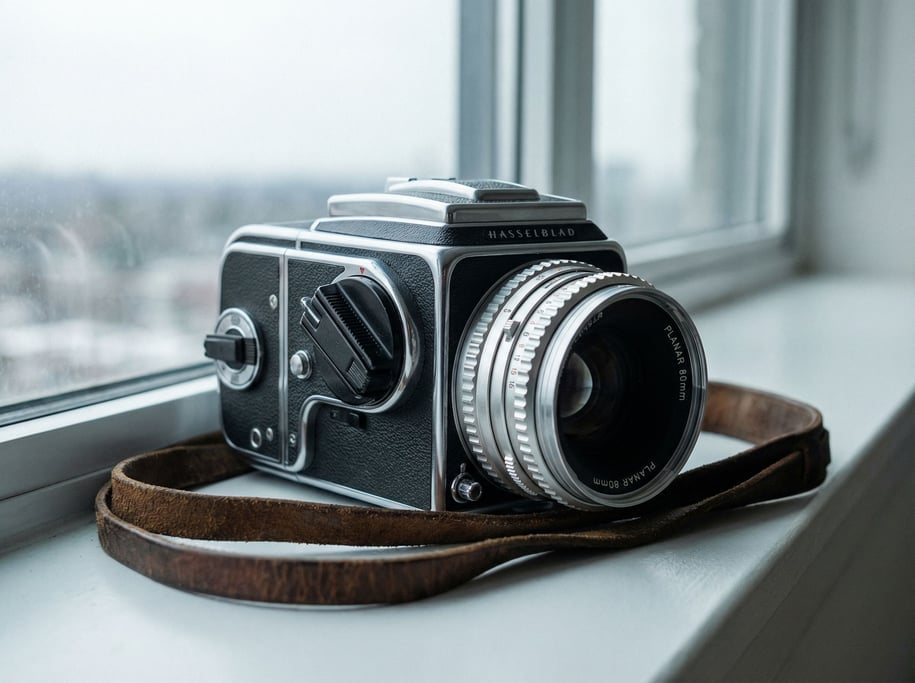 A Hasselblad medium format camera body on a leather strap, chrome details catching window light (xxnlrpcq)