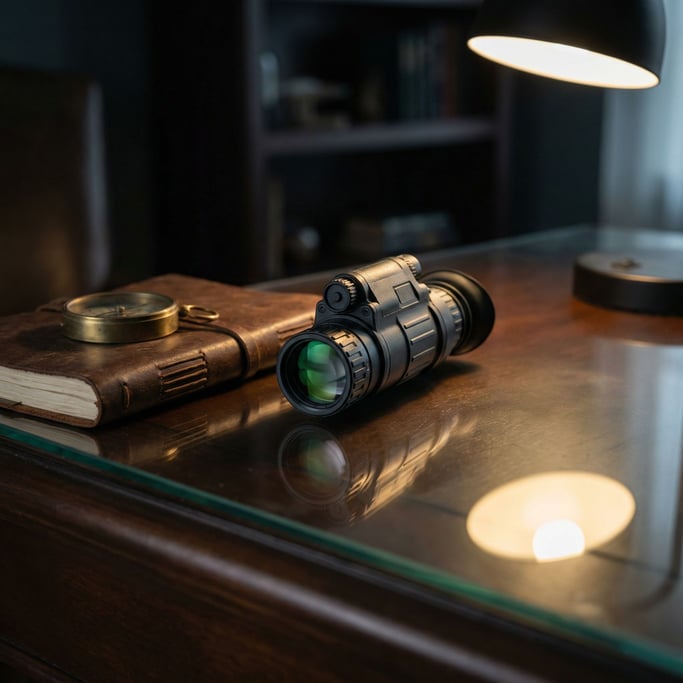 A night-vision monocular on a dark background, green-tinged lens reflection, tactical and moody