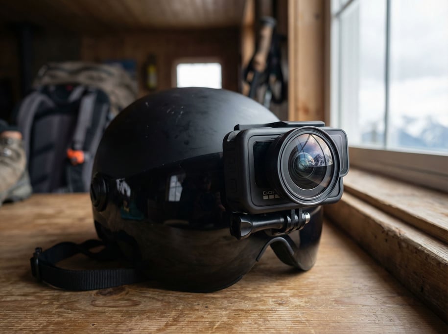 An action camera mounted on a helmet visor, reflection of mountains in the lens, adventure context
