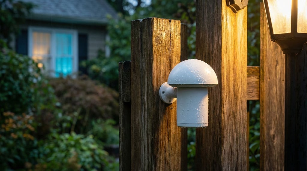 A weather station sensor mounted on a wooden post, rain droplets on the housing, garden setting (z0yv)
