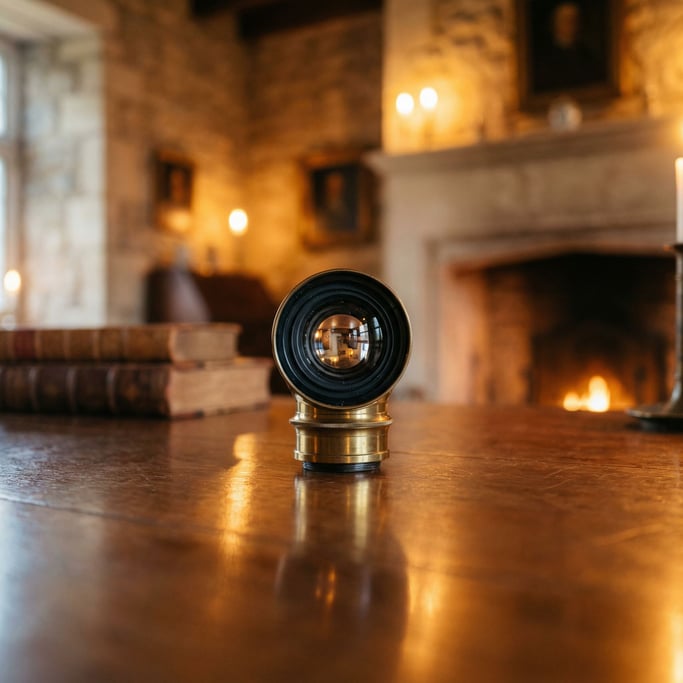 A camera lens standing upright on a reflective surface, internal elements visible through glass (hjatp5jr)