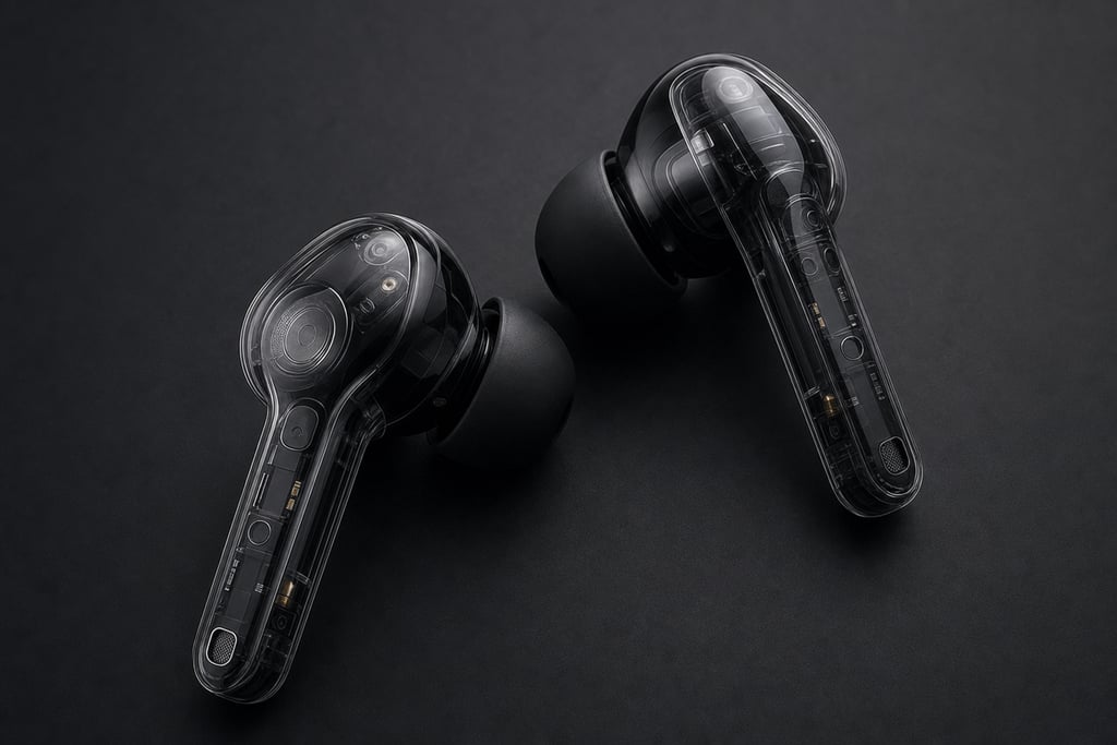 Macro image of earbuds with transparent casing revealing inner components