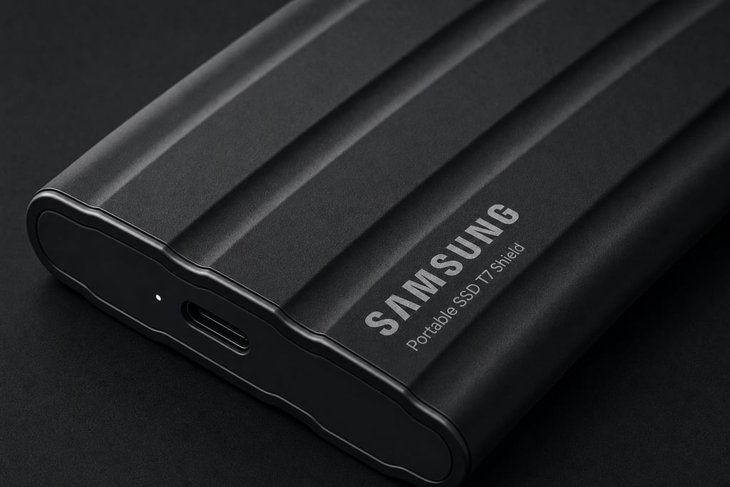 Zoomed-in view of a portable SSD drive with visible branding and ports