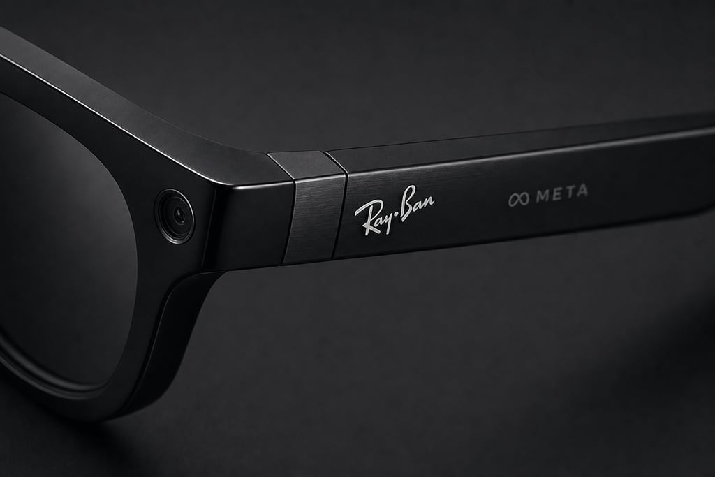Macro shot of a designer smart glasses temple with visible branding
