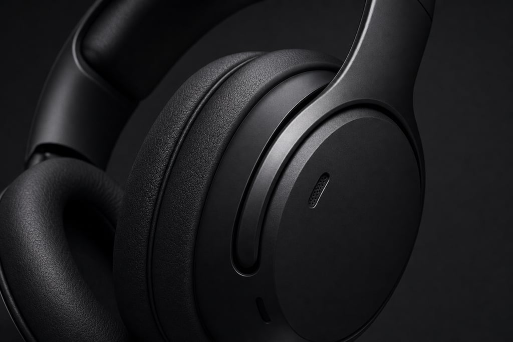 Macro of noise-canceling headphones, zoomed in on the ear cup texture