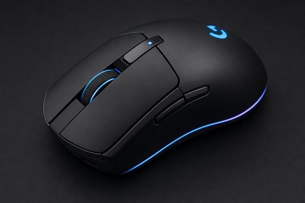 Macro shot of an ergonomic gaming mouse with glowing accents