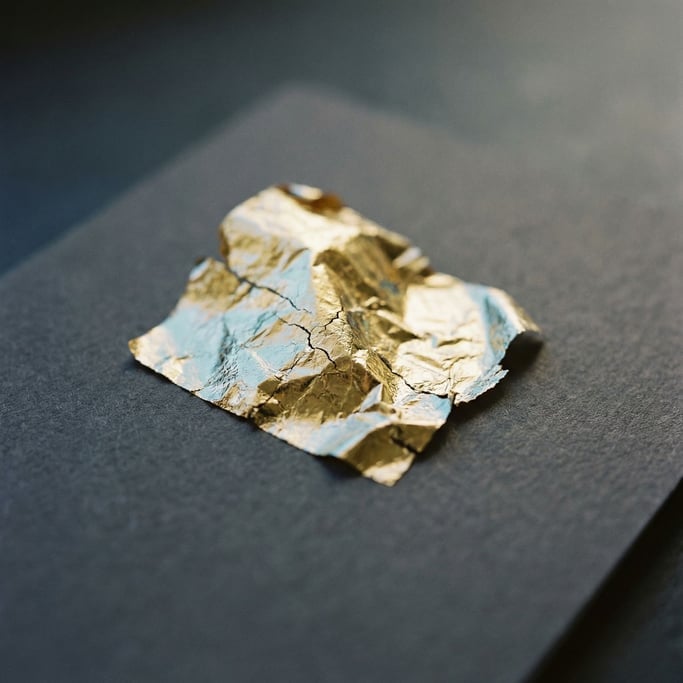 Extreme close-up of Crumpled gold leaf on a matte dark surface, fragile and luminous