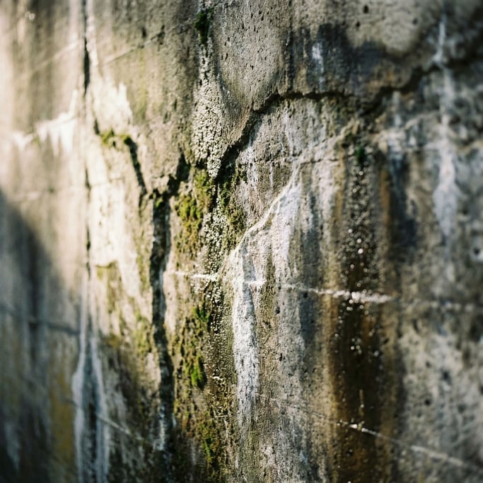 Extreme close-up of Old concrete wall with water stains, moss growth, and mineral deposits