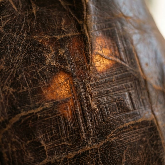 Extreme close-up of Worn leather surface showing natural grain, scratches (b9cmyr9)