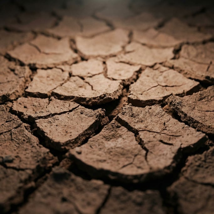 Extreme close-up of Cracked dried earth in a riverbed