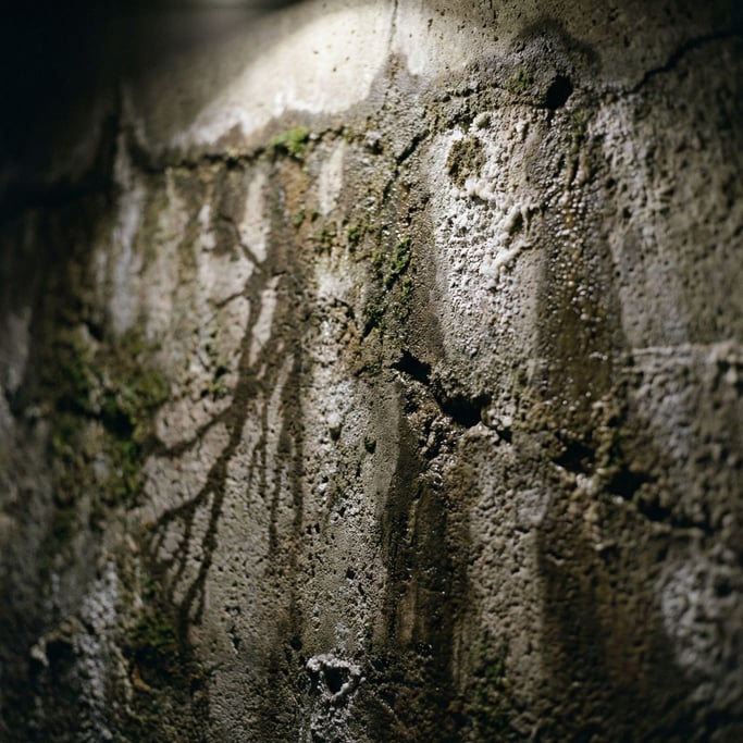 Extreme close-up of Old concrete wall with water stains, moss growth, and mineral deposits (kztpyfnh)