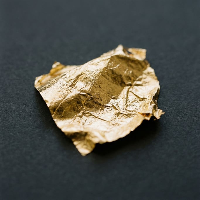 Extreme close-up of Crumpled gold leaf on a matte dark surface, fragile and luminous (vmh0ean)