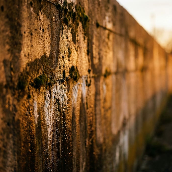 Old concrete wall with water stains, moss growth, and mineral deposits