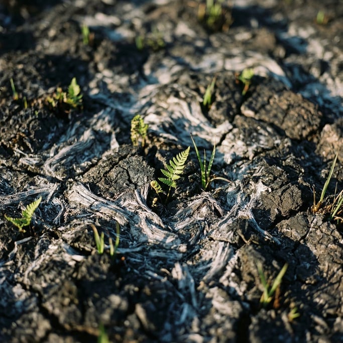 Extreme close-up of Scorched earth after a controlled burn (dtlqsfe9)