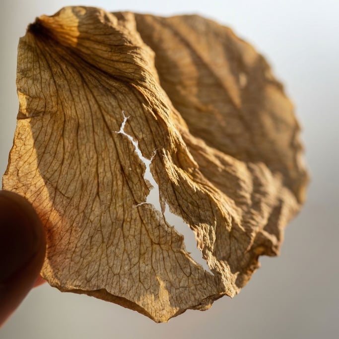 Dried flower petals pressed flat, translucent veins visible in transmitted light