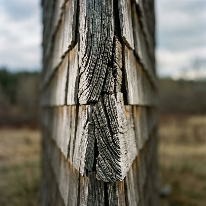 Cedar wood shingle wall weathered to silver-gray, grain raised by decades of rain (euakzwzx)