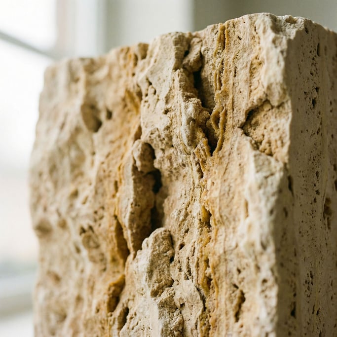 Extreme close-up of Raw travertine limestone with natural voids and layered mineral deposits (vqpmpsk)