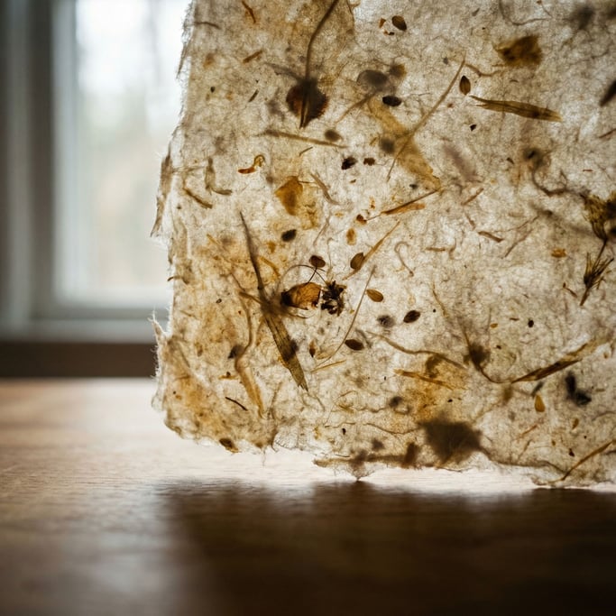 Detail photograph of Rough handmade paper with visible plant fibers and seeds embedded in the pulp (adzagezc)