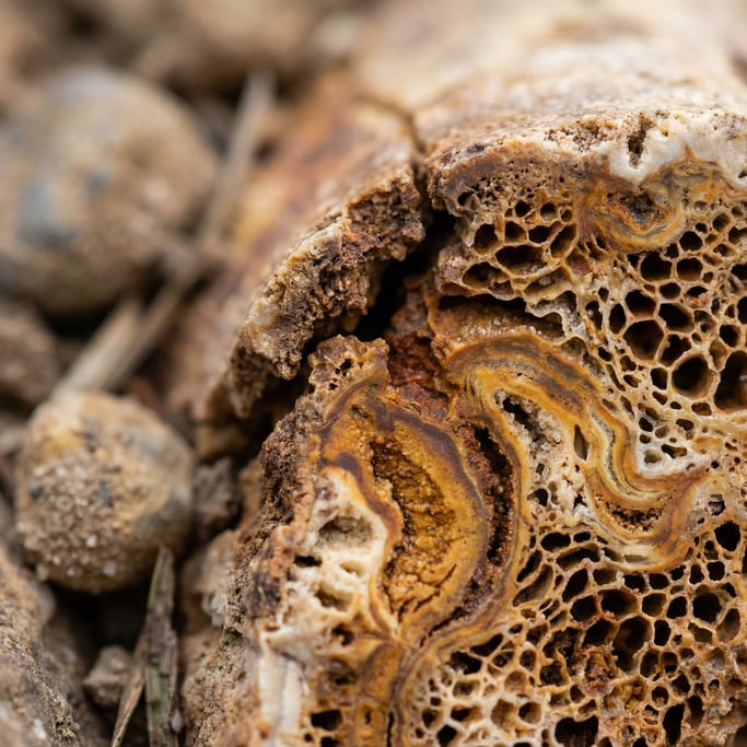 Dinosaur bone fossil in macro, mineralized cell structure visible, millions of years in one frame (9rolvsyz)