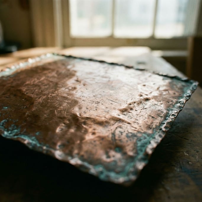 Detail photograph of Hammered copper sheet with dents and oxidation turning green at the edges (n4rp7oqt)