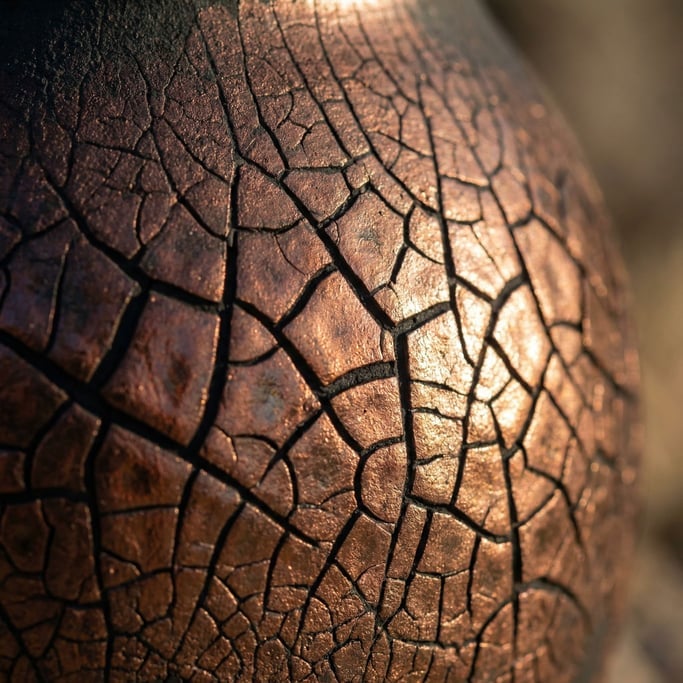 Ceramic raku glaze, metallic copper reduction over black clay body, crackle pattern (l2s)