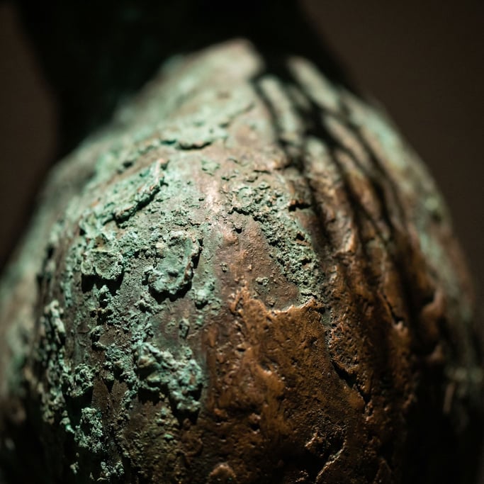 Oxidized bronze sculpture surface, verdigris green fading into warm brown patina (8yvcqzgj)