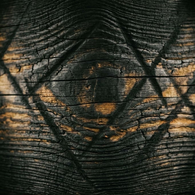 Charred wood surface, blackened grain pattern with cracks revealing raw material beneath (jw33qole)