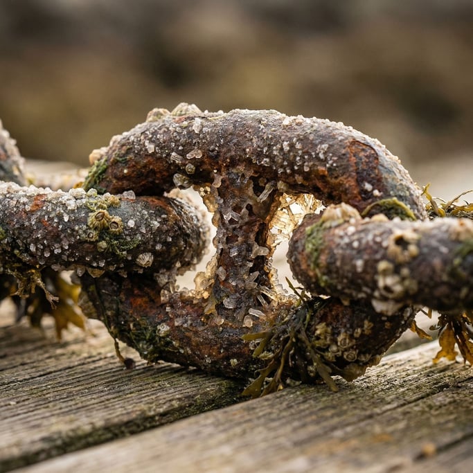 Extreme close-up of Rusted chain links on a dock, salt corrosion and marine growth, coastal decay (xe4dqg1d)
