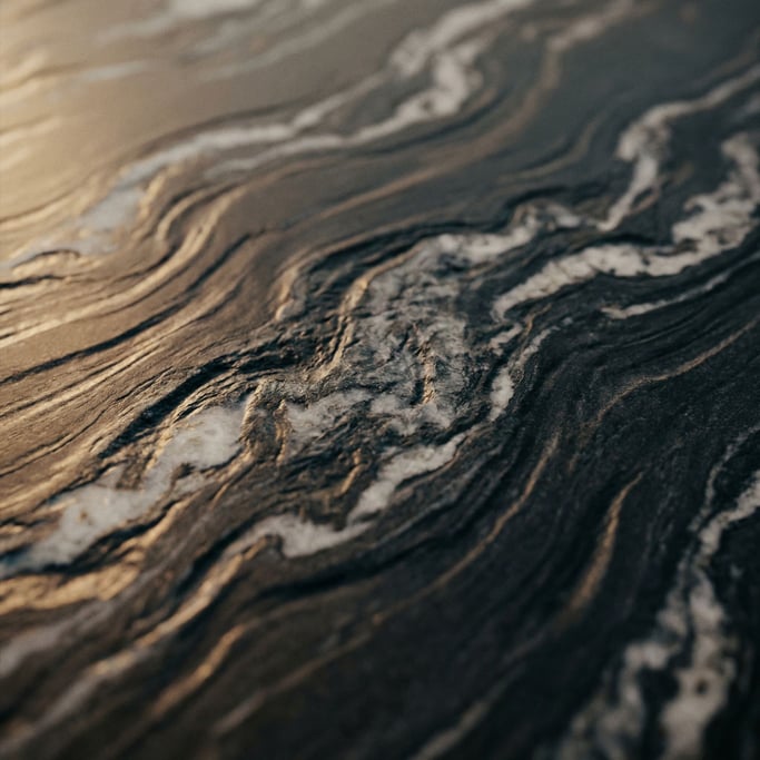 Detail photograph of Polished dark granite with veins of white quartz running through (zk2hq8v)