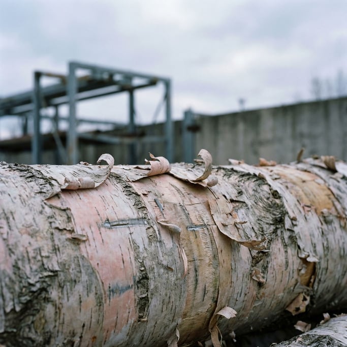 Detail photograph of Peeling birch bark, paper-thin layers curling away from the trunk (sav4zons)