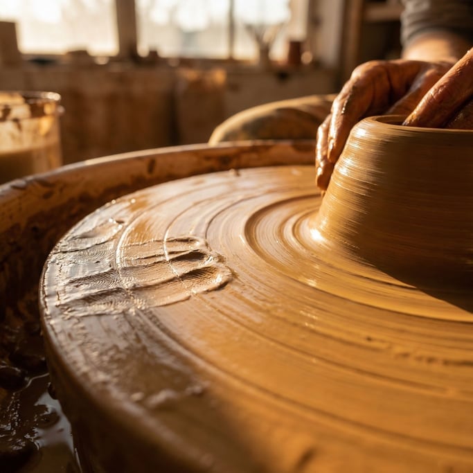 Extreme close-up of Wet clay being shaped on a wheel, fingerprints and spiral marks in the surface (9jiz5ifl)