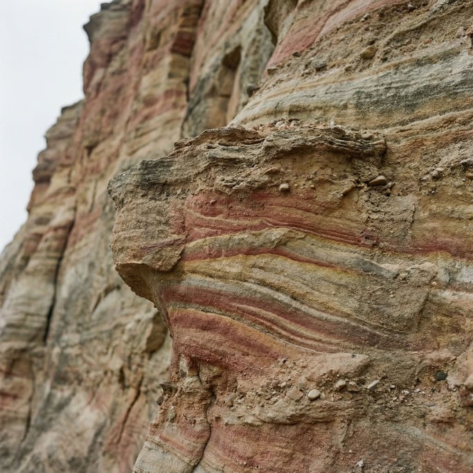 Layered sandstone cliff face, bands of color from millions of years of sediment