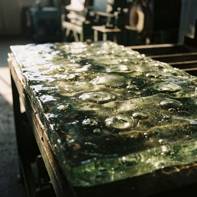 Melted and re-solidified glass, smooth bulges and trapped air bubbles, green-tinged (zaki3mnu)