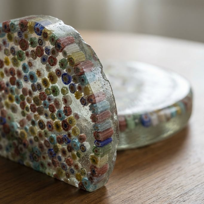 Murano glass millefiori cross-section, hundreds of tiny colored flowers in a glass matrix (jakdhi)