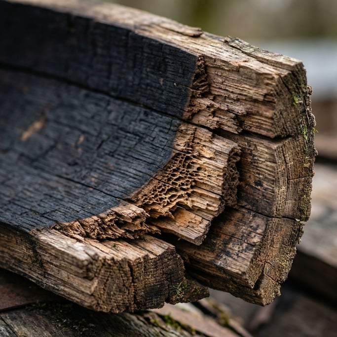 Aged oak wine barrel stave, charred inner surface fading to raw wood at the edges
