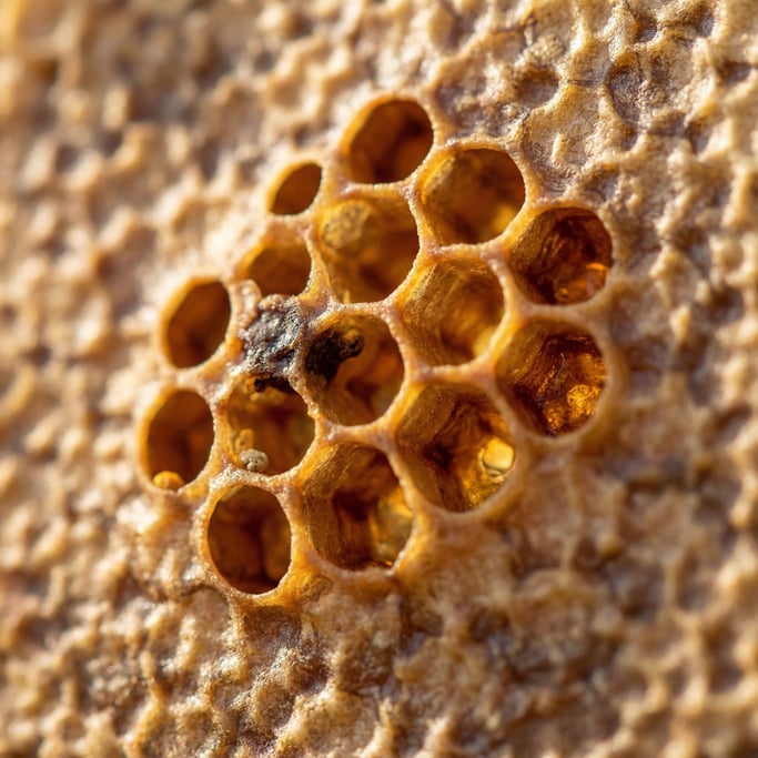 Beeswax honeycomb, hexagonal cells catching warm backlight, some filled with honey