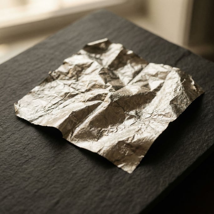 Detail photograph of Crumpled silver leaf on a matte dark surface, fragile and luminous