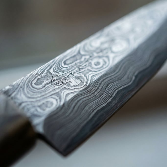 Extreme close-up of Hand-forged Damascus steel blade pattern, wavy layers of folded metal