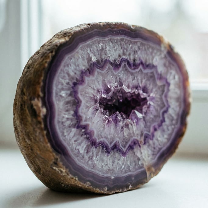 Cross-section of a geode, amethyst crystals glittering inside a rough stone exterior