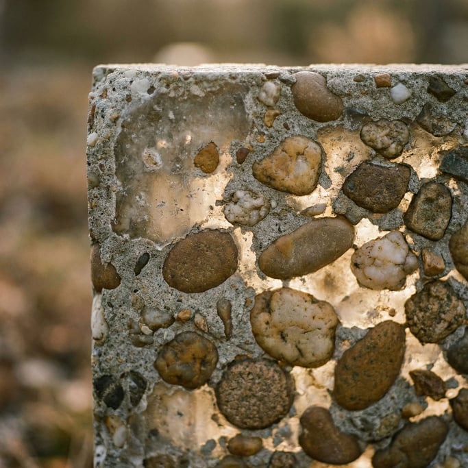 Detail photograph of Raw concrete with exposed aggregate, stones and pebbles set in gray cement (cspdol2a)