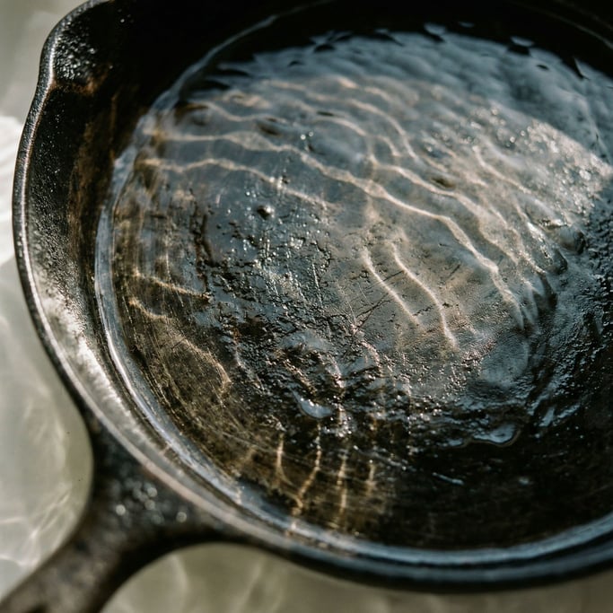 Extreme close-up of Cast iron skillet surface, decades of seasoning creating a glossy black patina