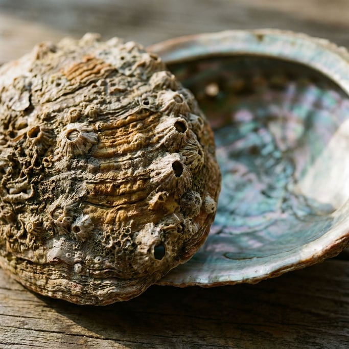 Detail photograph of Abalone shell exterior, rough and barnacle-encrusted