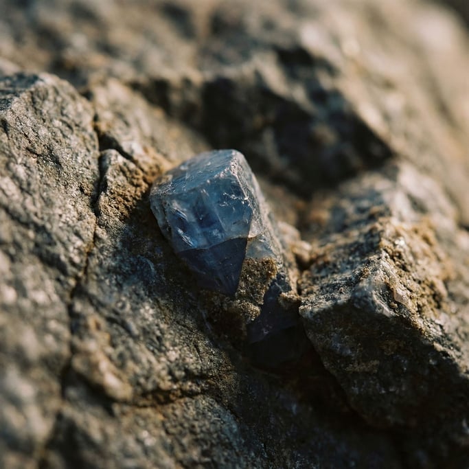 Detail photograph of Raw uncut sapphire crystal embedded in host rock (ku)