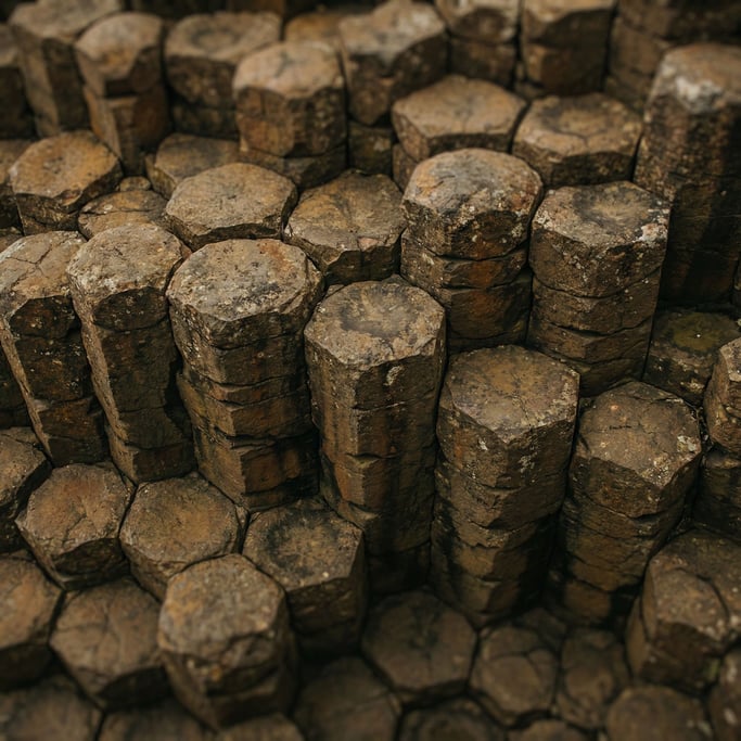 Detail photograph of Volcanic basalt columns seen from above