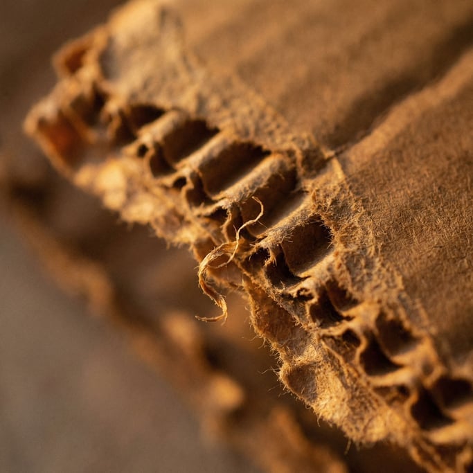 Extreme close-up of Torn cardboard edge revealing corrugated inner layers, brown kraft paper texture (vufdpx7t)