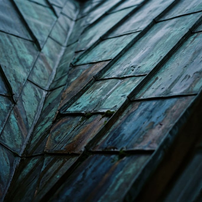 Detail photograph of Weathered copper roof tiles (mtsh9fl)