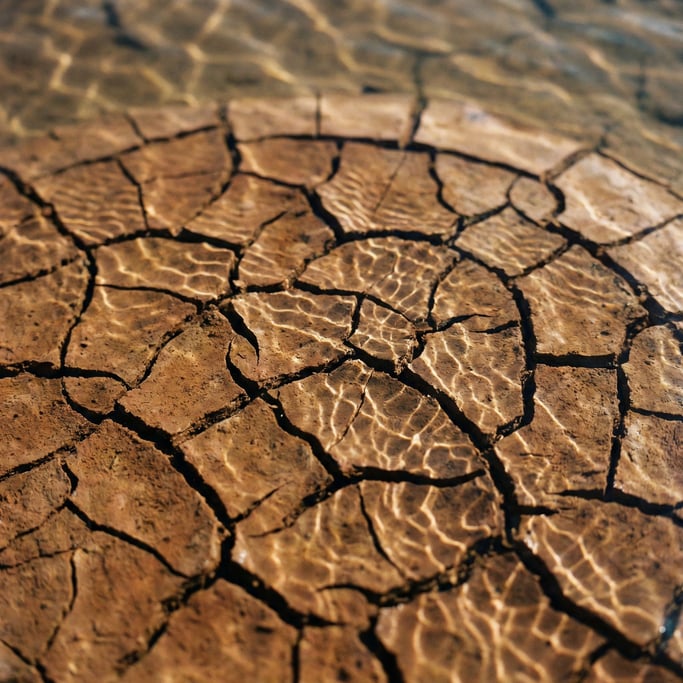 Cracked dried earth in a riverbed, deep fissures creating a natural mosaic pattern