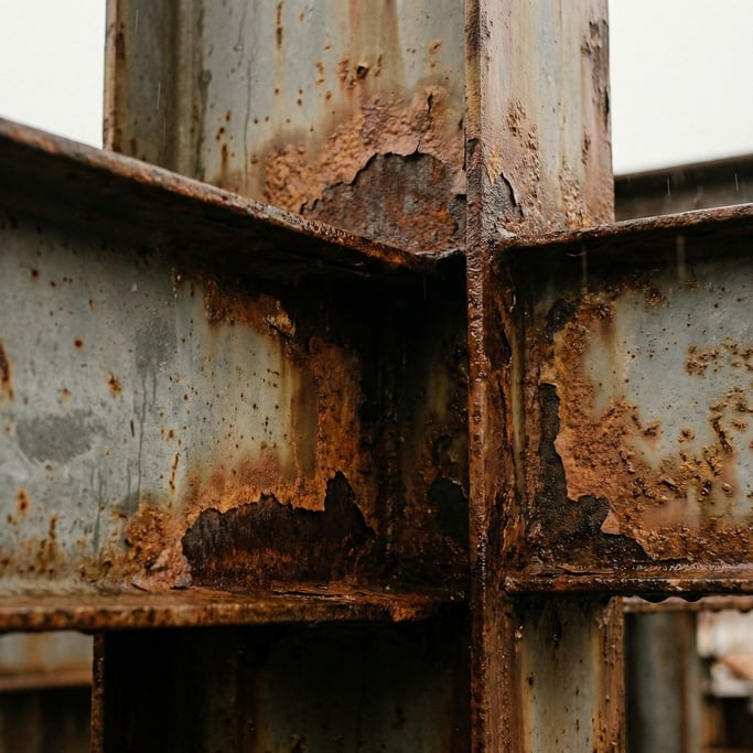 Detail photograph of Rust forming on industrial steel, layers of corrosion over bare metal