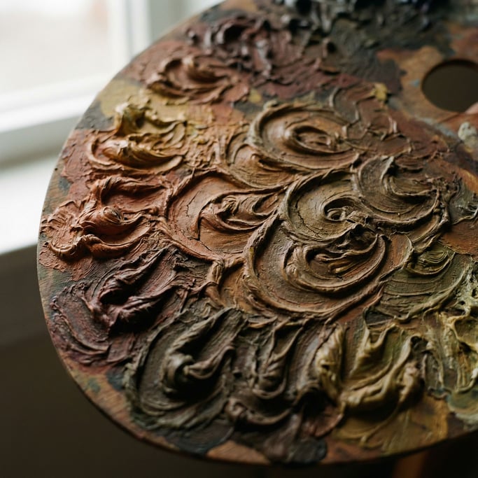 Detail photograph of Dried paint on a palette, thick impasto ridges and valleys of mixed pigment (hjarqhom)